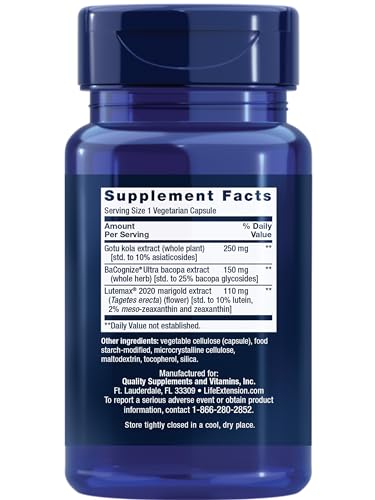 Life Extension Quick Brain Nootropic, Fast Thinking, Learning, Concentration, Lutein, zeaxanthin, gotu kola, bacopa, Gluten Free, Non-GMO, Vegetarian, 1 Daily, 30 Capsules Life ExtensionAu supplements