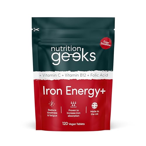 Iron Tablets High Strength Tablets with Vitamin C, B12 & Folic Acid - 120 Vegan Supplement Nutrition GeeksUS supplements