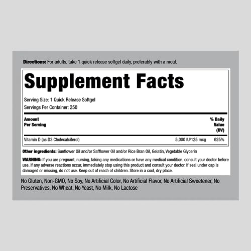 Piping Rock Vitamin D3 5000 IU | 250 Softgels | High Potency Supplement | Non-GMO Piping RockUS supplements