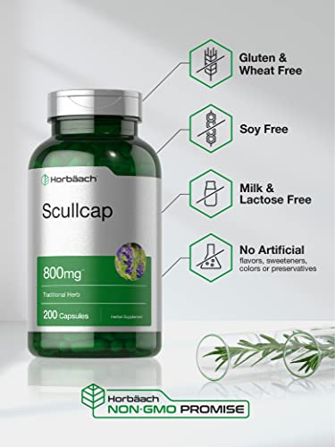 Scullcap Capsules | 800 mg | 200 Count | Max Potency, Value Size | Non-GMO and Gluten HorbäachUS supplements