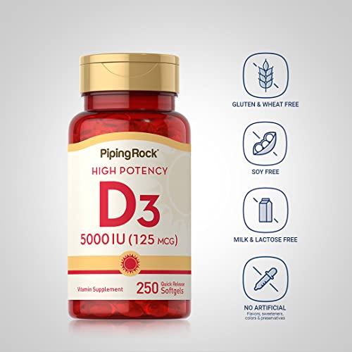 Piping Rock Vitamin D3 5000 IU | 250 Softgels | High Potency Supplement | Non-GMO Piping RockUS supplements