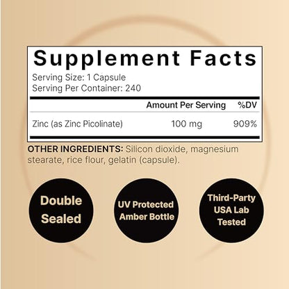 High Potency Zinc Picolinate 100mg - 240 Capsules, Bioavailable Form of Zinc NatureBellUS supplements