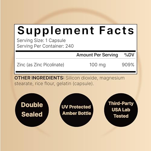 High Potency Zinc Picolinate 100mg - 240 Capsules, Bioavailable Form of Zinc NatureBellAu supplements