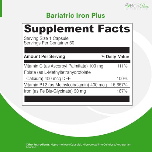 BariSlim Iron Plus Capsules - Formulated for Patients After Weight Loss Surgery Including BariSlimAu supplements