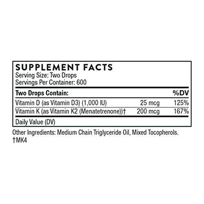 THORNE Vitamin D + K2 Liquid with a metered Dispenser - Vitamins D3 and K2 to Support THORNEUS supplements