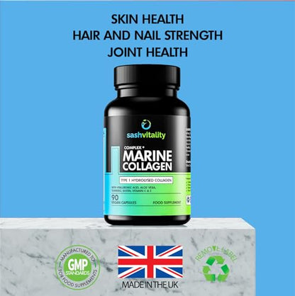 Marine Collagen Supplements - 90 Capsules with Vitamin C, Vitamin E, Hyaluronic Acid, Aloe Vera, Turmeric SASH VitalityUS supplements