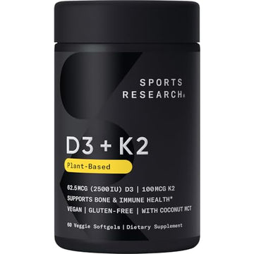 Sports Research Vitamin D3 K2 with Coconut MCT Oil | Vegan D3 2500iu (62.5mcg) Sports ResearchUS supplements