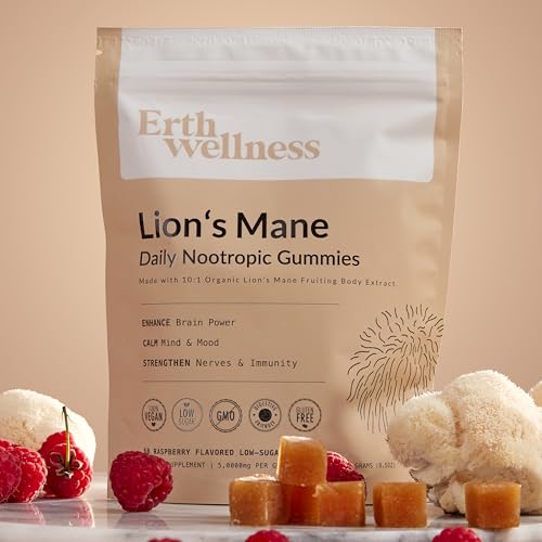 Erth Wellness Lion’s Mane Mushroom Gummies – 10,000mg Fruiting Body Extract per Serving – Brain & Focus Support – Daily Nootropic – Vegan, Low Sugar, Non-GMO – 60 Ct Erth WellnessAu supplements