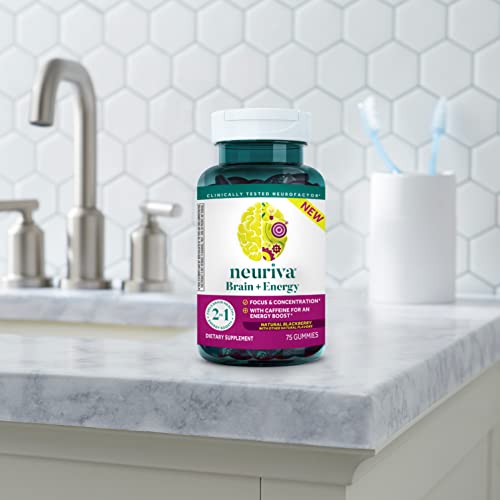 NEURIVA Brain + Energy Gummies, Nootropic Brain Supplements for Focus and Concentration with Neurofactor, Vitamin B12 & Caffeine for an Energy Boost*, 75ct Natural BlackBerry NEURIVAAu supplements