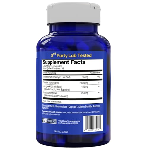 Creatine Monohydrate - 2500mg Creatine Pills - 450mg Fenugreek Extract & 250mg Himalayan Pink Salt - Supports Brain Health, Endurance & Muscle Building - Advanced Absorption Formula - 120 Capsules NATURAL STACKSAu supplements