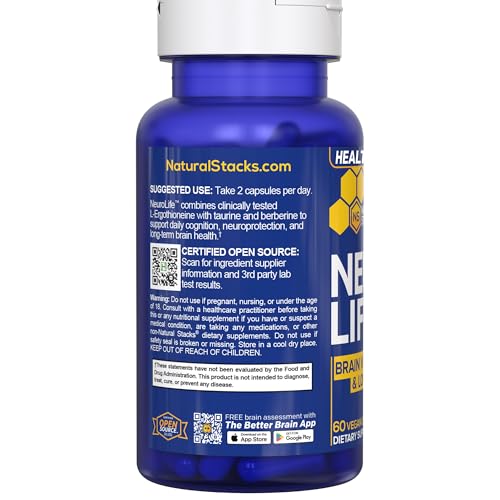 NeuroLife Longevity Supplement - 500mg Taurine & 400mg Berberine Supplement - Clinically Tested MitoPrime L-Ergothioneine - Brain Support for Cognitive Vitality - 60 Berberine Capsules NATURAL STACKSAu supplements