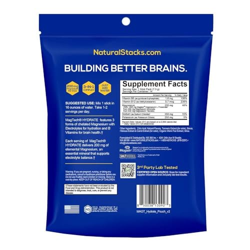 MagTech Magnesium Hydrate Packets - Sugar Free Hydration Powder - Magtein Magnesium L-Threonate, Glycinate & Taurate - 200mg Chelated Triple Complex - Supports Hydration & Brain Health* - 14 Servings NATURAL STACKSAu supplements