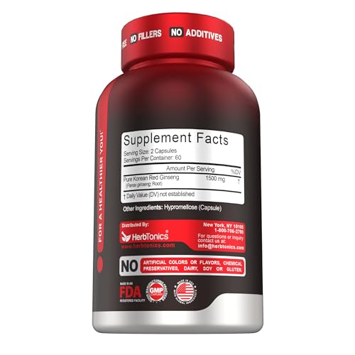 Herbtonics Korean Red Panax Ginseng 1500mg - Energy Supplement for Peak Performance, Focus & Vitality - High Potency Ginseng Root Extract - 120 Vegan Capsules HerbtonicsAu supplements