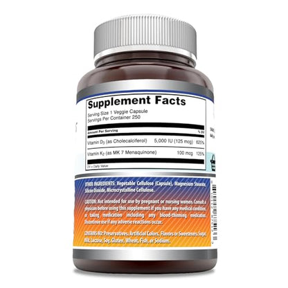 Amazing Formulas Vitamin D3 5000 IU with Vitamin K2 100 Mcg| 250 Veggie Capsules Amazing NutritionUS supplements