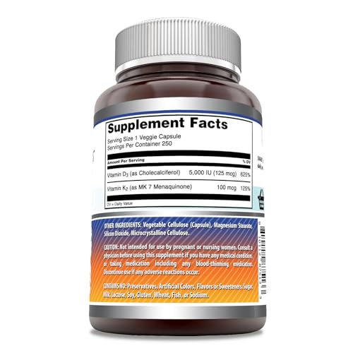 Amazing Formulas Vitamin D3 5000 IU with Vitamin K2 100 Mcg| 250 Veggie Capsules Amazing NutritionUS supplements