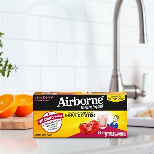 Vitamin C 1000mg (per serving) - Airborne Very Berry Effervescent Tablets (36 count in a box), Gluten-Free Immune Support Supplement, With Vitamins A C E, ZINC, Selenium, Echinacea & Ginger AirborneAu supplements