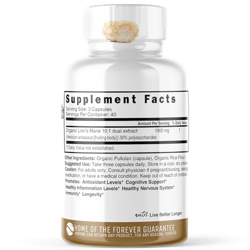 Nutri Organic Lions Mane Supplement Capsules - 1900 mg, 10:1 Dual Extraction, 120 Count Nature's FusionsUS supplements