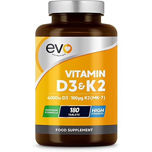 Vitamin D3 4000iu & Vitamin K2 100ug (MK7) |180 Vegetarian Tablets | 1-A-Day | 6 Month EVO NUTRITIONUS supplements
