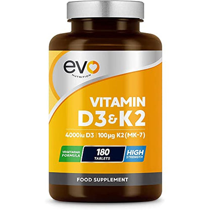 Vitamin D3 4000iu & Vitamin K2 100ug (MK7) |180 Vegetarian Tablets | 1-A-Day | 6 Month EVO NUTRITIONUS supplements