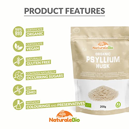 Organic Psyllium Husk - 99% Purity - 200g. Pure & Natural Psyllium Seed Husks NaturaleBioUS supplements