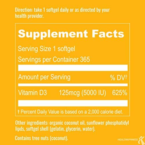 UpNourish Liposomal Vitamin D3 5000 IU Softgels - 1 Year Supply | Organic Coconut Oil Infused Vitamin D Supplements - Support Bone, Dental, Heart, Mood & Immune Health - Non GMO Gluten Free - 365 ct UpNourishAu supplements