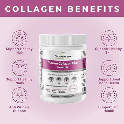 Pharmanostix Hydrolysed Marine Collagen Plus Powder 300g - 10,000mg Collagen with Hyaluronic Acid PharmanostixUS supplements