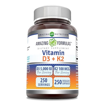 Amazing Formulas Vitamin D3 5000 IU with Vitamin K2 100 Mcg| 250 Veggie Capsules Amazing NutritionUS supplements