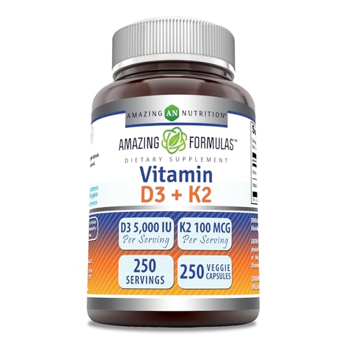 Amazing Formulas Vitamin D3 5000 IU with Vitamin K2 100 Mcg| 250 Veggie Capsules Amazing NutritionUS supplements