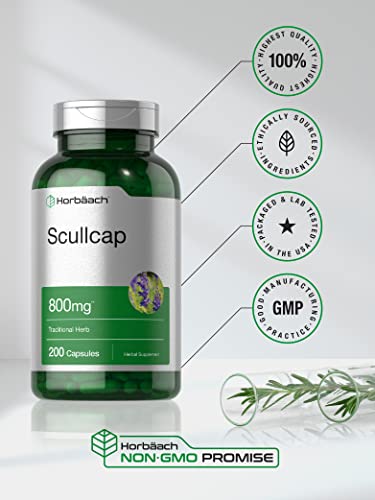 Scullcap Capsules | 800 mg | 200 Count | Max Potency, Value Size | Non-GMO and Gluten HorbäachUS supplements