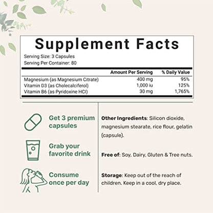 Magnesium Citrate 400mg with Vitamin D3 1000IU & B6, 240 Capsules Micro IngredientsUS supplements
