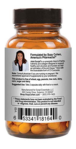 Suzy Cohen Joint Script Joint Support Supplement with Hyaluronic Acid, C3 Curcumin Turmeric Extract, MSM, Collagen Peptides, Ginger, and Boswellia for Maximum Flexibility, Tendon and Cartilage Health Script EssentialsAu supplements