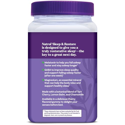 Natrol Sleep + Restore Magnesium Glycinate Blend Gummies with Melatonin 5mg - Calm Magnesium with GABA, Botanical Blend, Cherry Flavor, 60 Gummies NatrolAu supplements