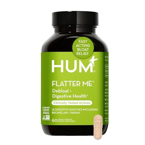 HUM Flatter Me Digestive Enzymes for Women & Men, Digestive Health Bloating Supplement with Ginger & Peppermint Leaf, Fast Acting Anti Bloat Pills Multi Enzyme for Debloating, Vegan, 60 Capsules HUMUS supplements