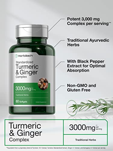 Turmeric and Ginger Supplement 3000 mg | 60 Softgel Capsules | Turmeric Curcumin Complex HorbäachAu supplements