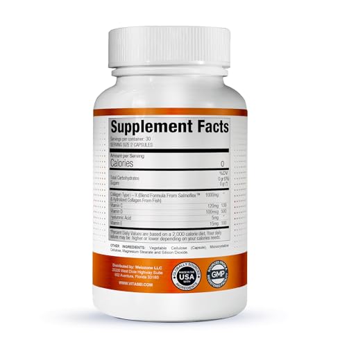 VITASEI Salmoflex Marine Collagen Peptides Pills W/Hyaluronic Acid, Vitamin C, D, E | Salmon Supplements - Hair, Skin, Nails | Multivitamin for Women & Men | Knee, Joint Relief - 60 Capsules VITASEIAu supplements