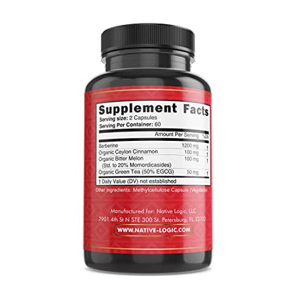 Native Logic Berberine HCL 1200mg with Ceylon Cinnamon, Bitter Melon, and Green Tea Native LogicUS supplements