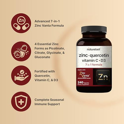 NatureBell Zinc Quercetin with Vitamin C & D3, 240 Capsules | Quercetin 1,000mg, 4 in 1 Zinc 50mg, Vitamin C 250mg, Vitamin D3 5,000 IU – ZincVanta Advanced Immune Defense & Lung Support NatureBellUS supplements