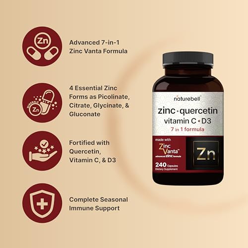 NatureBell Zinc Quercetin with Vitamin C & D3, 240 Capsules | Quercetin 1,000mg, 4 in 1 Zinc 50mg, Vitamin C 250mg, Vitamin D3 5,000 IU – ZincVanta Advanced Immune Defense & Lung Support NatureBellAu supplements