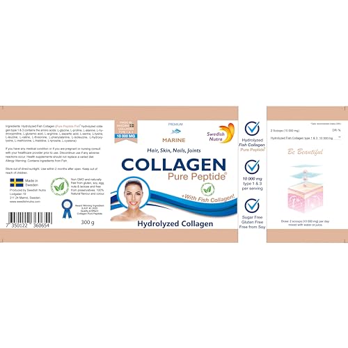 Swedish Nutra Powder Marine Collagen - Pack of 300g, 30 Day Supply | Minimize Fine Lines, Wrinkles & Improve Skin Elasticity | High Absorption Rate Swedish NutraAu supplements