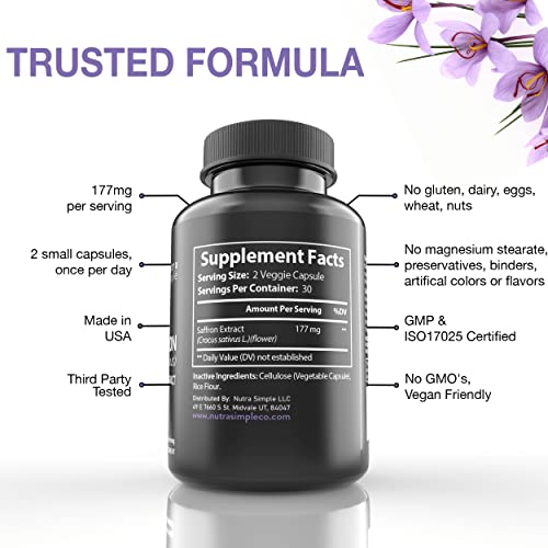 Nutra Simple Saffron Supplements 177mg, Pure Saffron Extract, Made in USA, Natural Nutra SimpleUS supplements