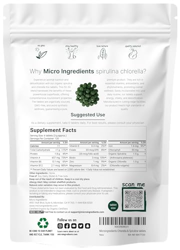 Organic Chlorella Spirulina Tablets, 3000mg Per Serving, 720 Counts, 4 Months Supply Micro IngredientsUS supplements