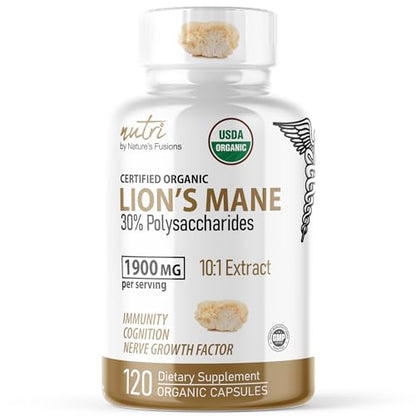 Nutri Organic Lions Mane Supplement Capsules - 1900 mg, 10:1 Dual Extraction, 120 Count Nature's FusionsUS supplements