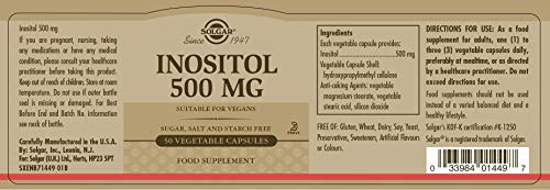 Solgar Inositol 500 mg Vegetable Capsules - Vitamin B8 - Vegan, Vegetarian, Kosher SOLGARUS supplements