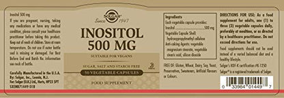 Solgar Inositol 500 mg Vegetable Capsules - Vitamin B8 - Vegan, Vegetarian, Kosher SOLGARUS supplements