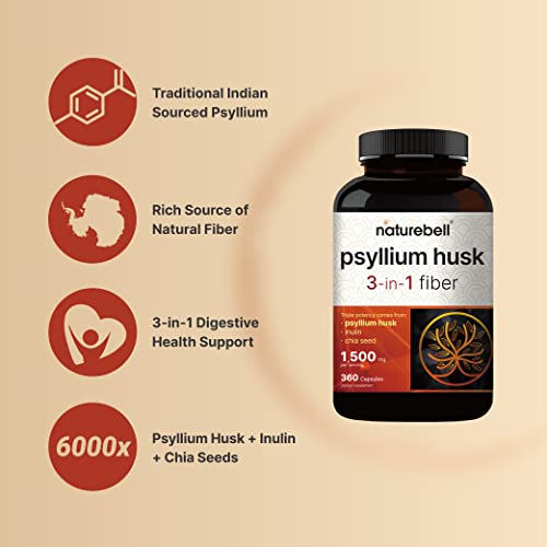 NatureBell Psyllium Husk Capsules 1500mg Per Serving, 360 Count, with Inulin NatureBellUS supplements