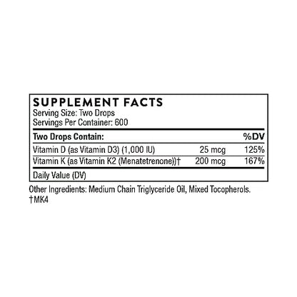 THORNE Vitamin D + K2 Liquid with a metered Dispenser - Vitamins D3 and K2 to Support THORNEUS supplements