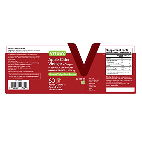 Apple Cider Vinegar Gummies 1,000mg Plus Ginger, ACV with The Mother, Detox Cleanse ViteeyUS supplements