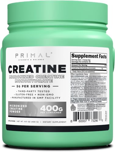 Primal Creatine Monohydrate Powder (400 Grams) | Unflavored Micronized Creatine PrimalUS supplements