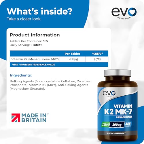 EVO NUTRITION Vitamin K2 MK-7 200mcg | 365 Vegetarian and Vegan Tablets EVO NUTRITIONUS supplements