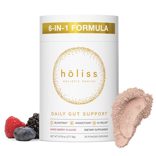 HOLISS Daily Gut Health Kit – 6-in-1 All Natural Supplement, Bloat & Gas Aid, GI Lining Repair, IBS Support – Lemon Balm, L-Glutamine, PepZinGI, Mixed Berry, 30 Servings, Electric Mixer & Spoon HOLISSAu supplements
